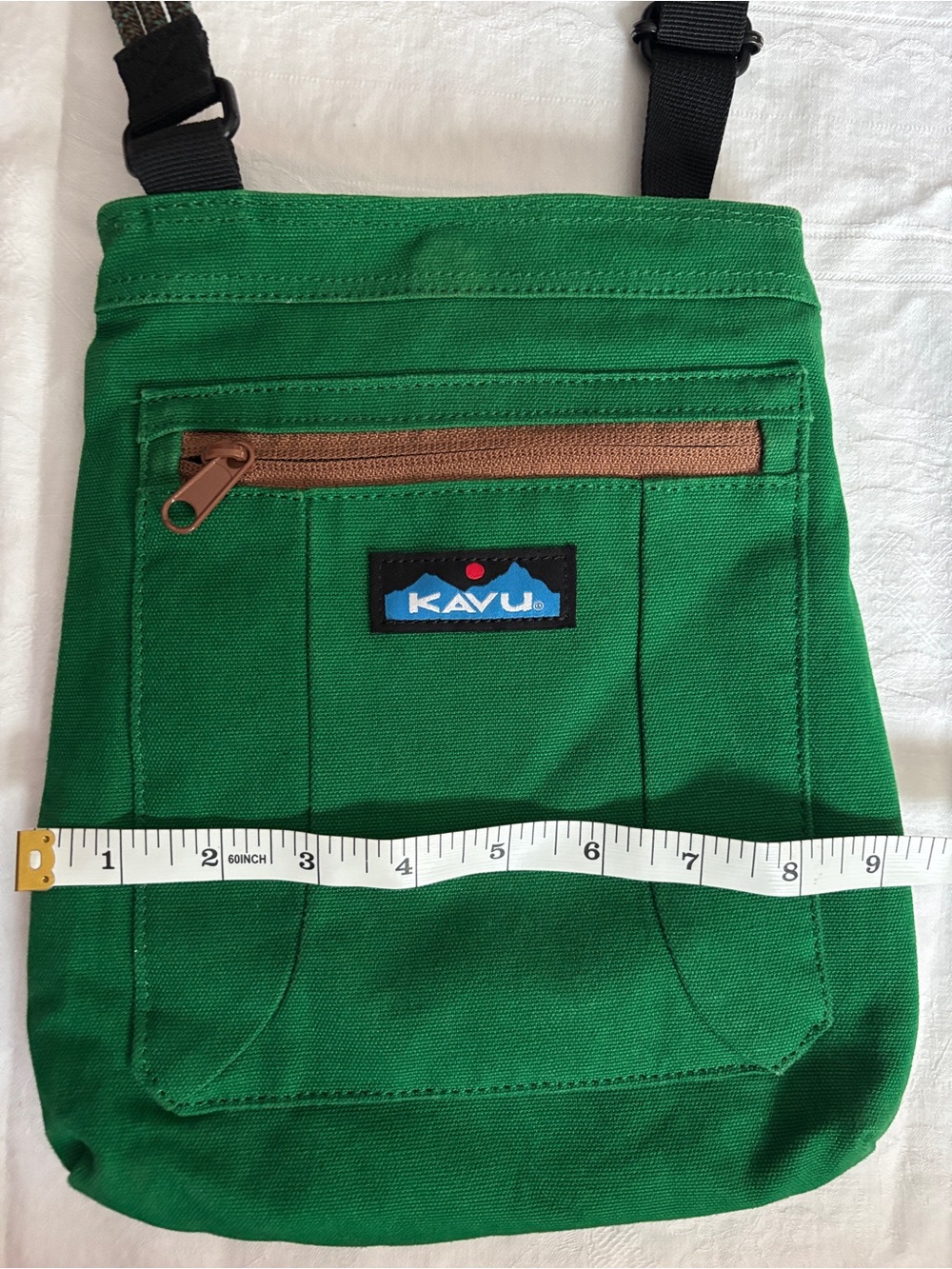 Kavu Green Canvas Satchel with Brown Zip and Black Strap